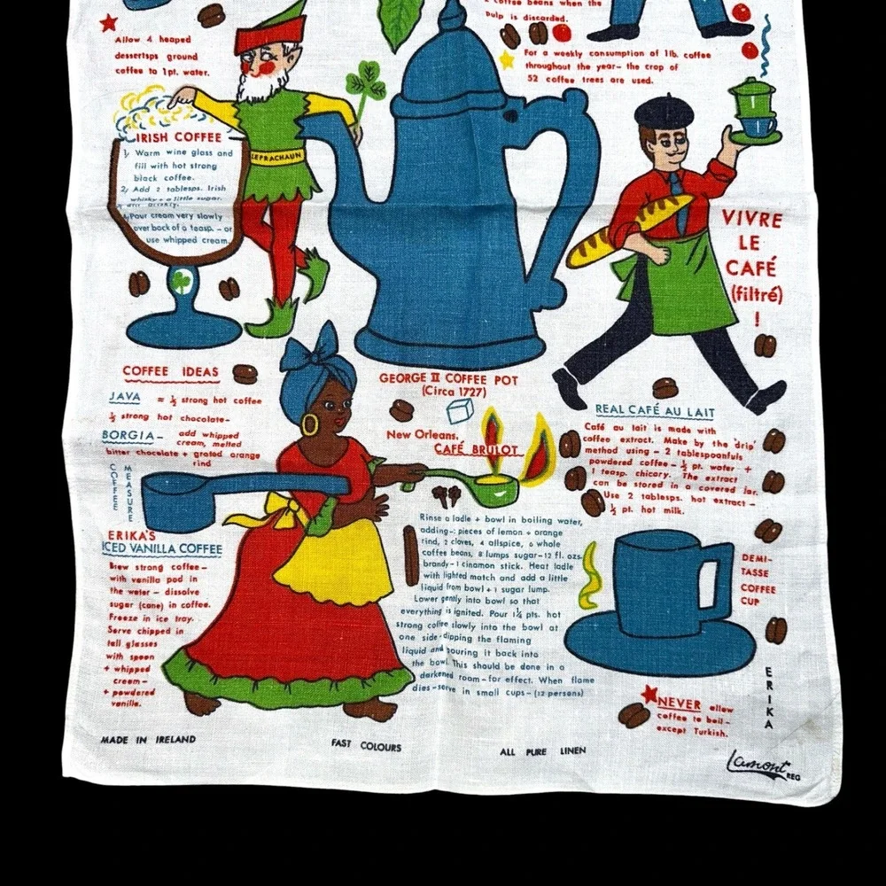 Vintage Lamont Irish Linen Tea Towel Coffee Recipes Ideas Mid Century Ireland